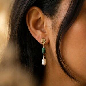 Natural Emerald Earrings Freshwater Pearl drop earrings Dainty  Stacking